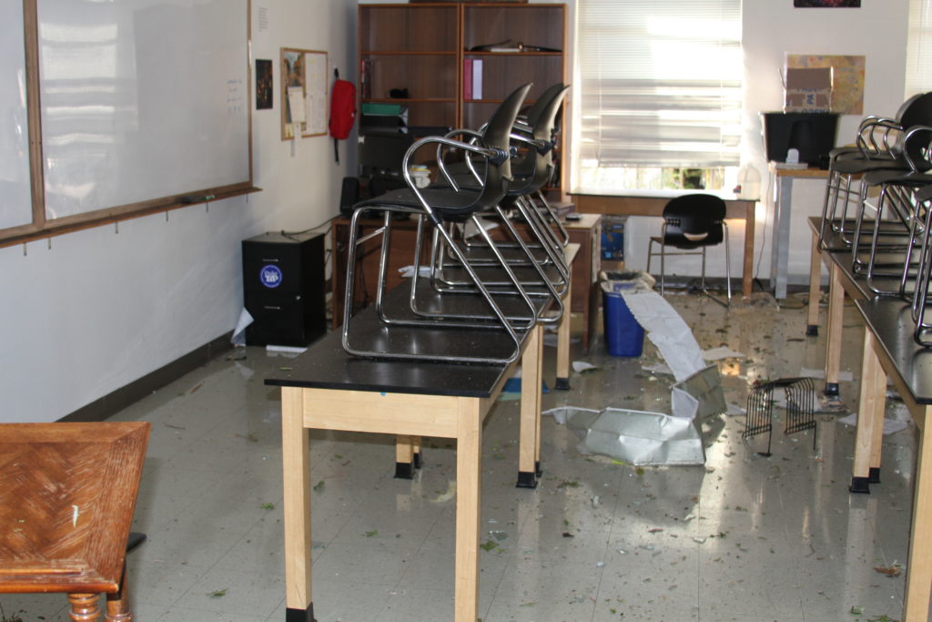 A science classroom at The Cambridge School of Dallas after the tornado.